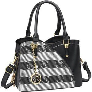 Black Gold Plaid Printed Faux Leather Mini Purse‎ Crossbody Handbag Shoulder Bag